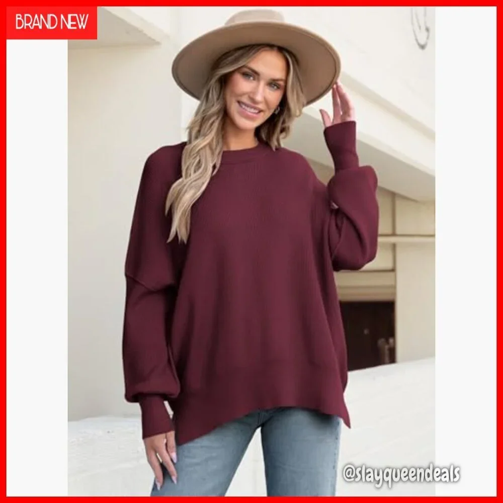 Oversized Batwing Sweater, Crewneck Pullover, Side Slit, Knit Top